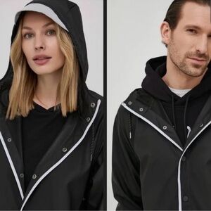 NWT RAINS Hooded Jacket Reflective Unisex Black Long Waterproof Coat